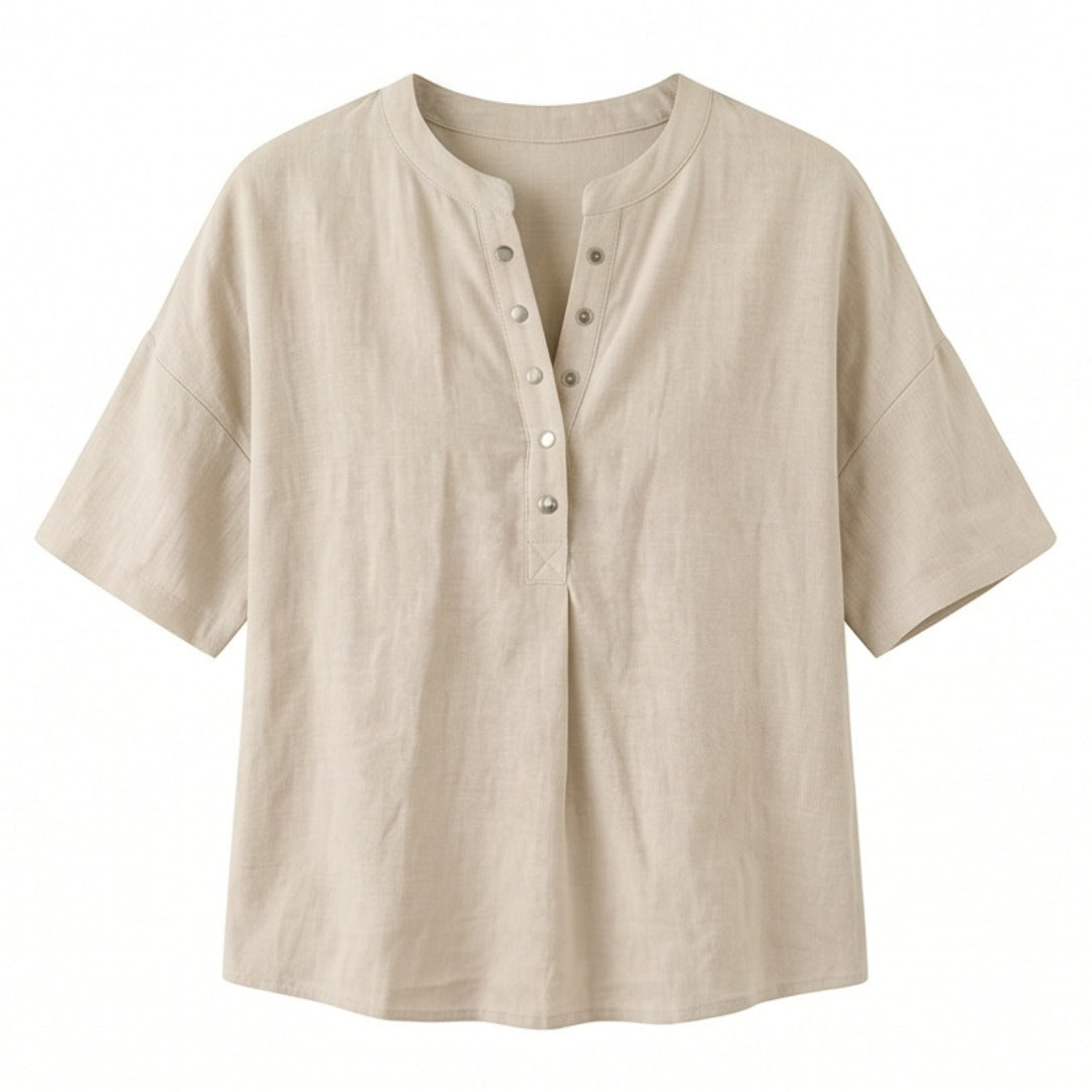 Women's Linen Oversized Blouse with Short Sleeves and Button Front