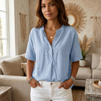 Women's Linen Oversized Blouse with Short Sleeves and Button Front