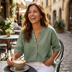 Women's Linen Oversized Blouse with Short Sleeves and Button Front