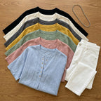 Women's Linen Oversized Blouse with Short Sleeves and Button Front