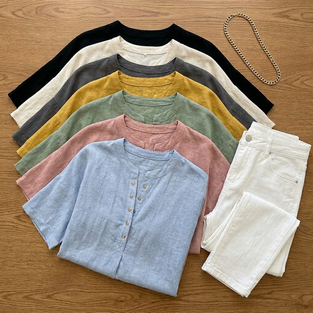 Women's Linen Oversized Blouse with Short Sleeves and Button Front