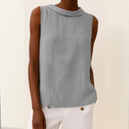 Women's Linen Sleeveless Blouse with Fold-Over Collar