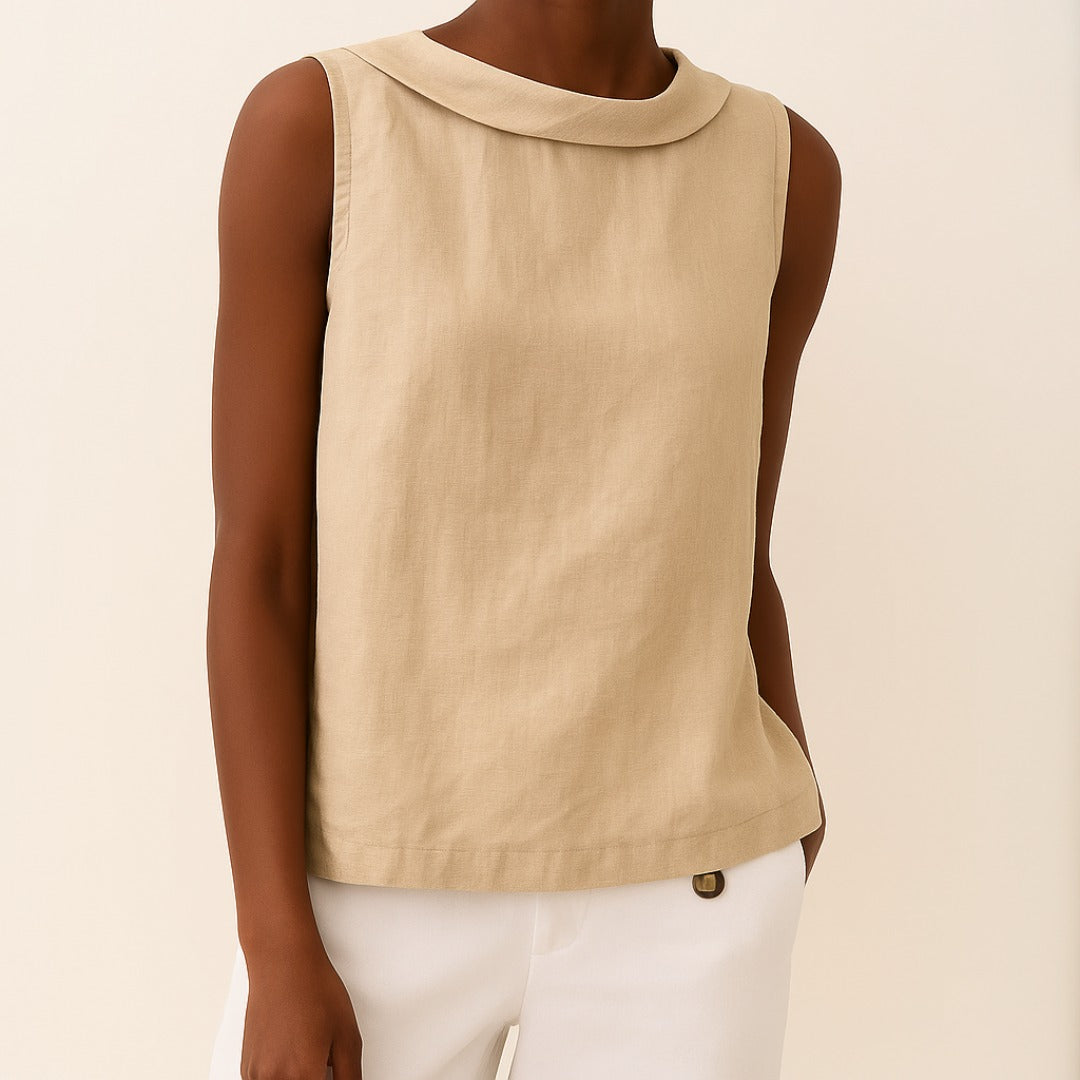 Women's Linen Sleeveless Blouse with Fold-Over Collar