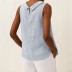 Women's Linen Sleeveless Blouse with Fold-Over Collar