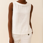 Women's Linen Sleeveless Blouse with Fold-Over Collar