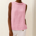 Women's Linen Sleeveless Blouse with Fold-Over Collar
