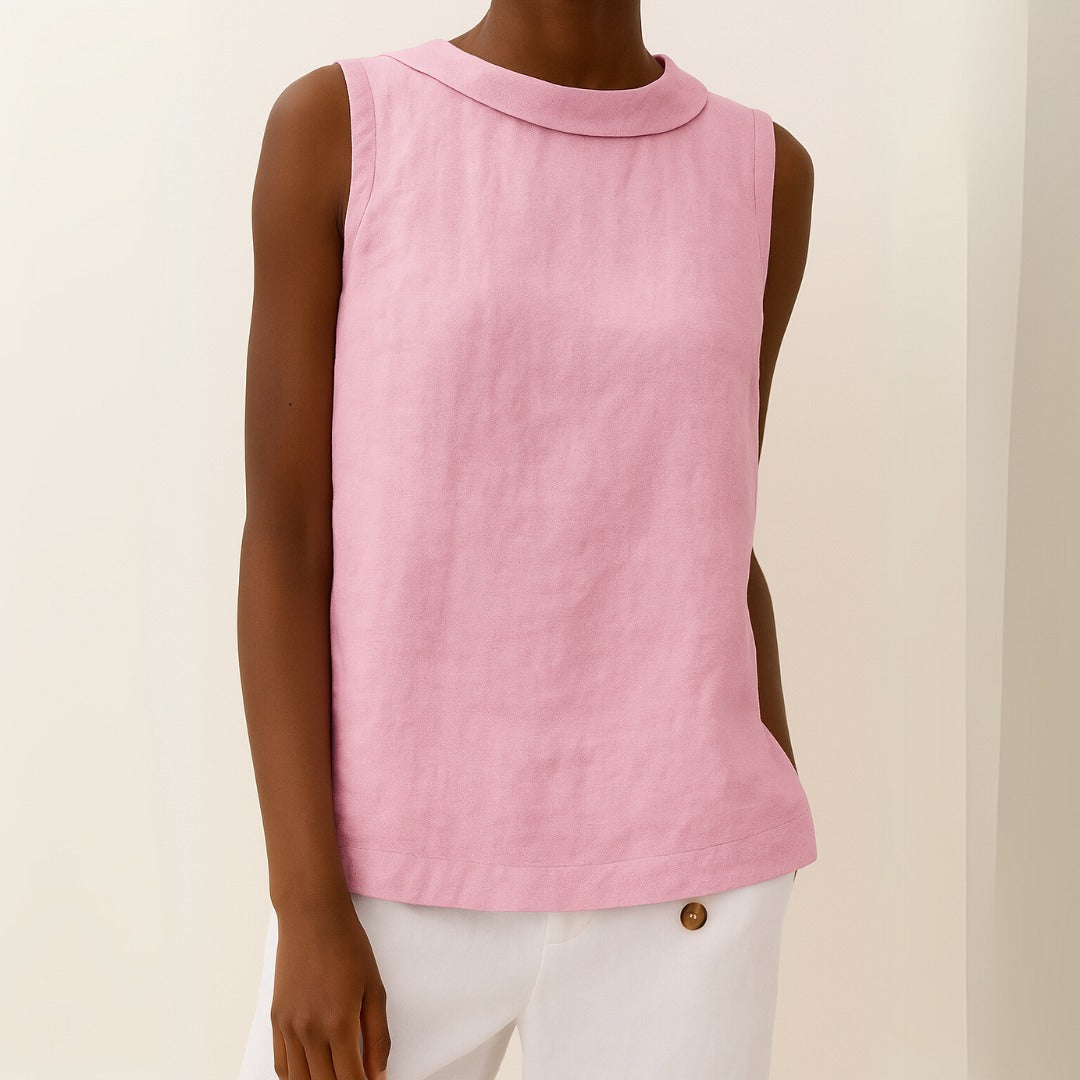 Women's Linen Sleeveless Blouse with Fold-Over Collar