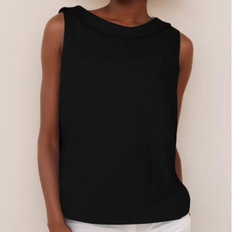 Women's Linen Sleeveless Blouse with Fold-Over Collar