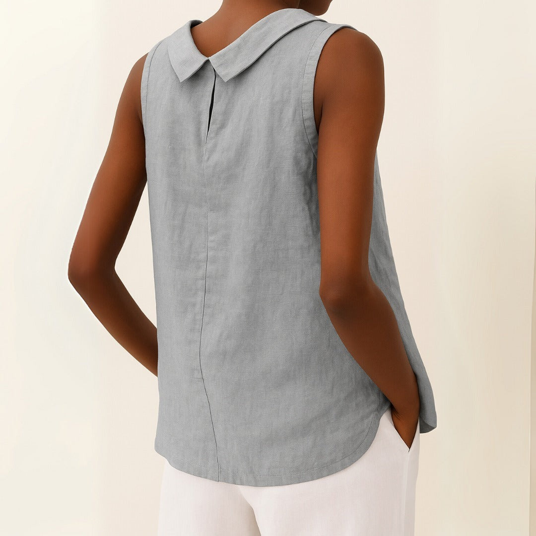 Women's Linen Sleeveless Top with Fold-Over Collar