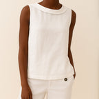 Women's Linen Sleeveless Top with Fold-Over Collar