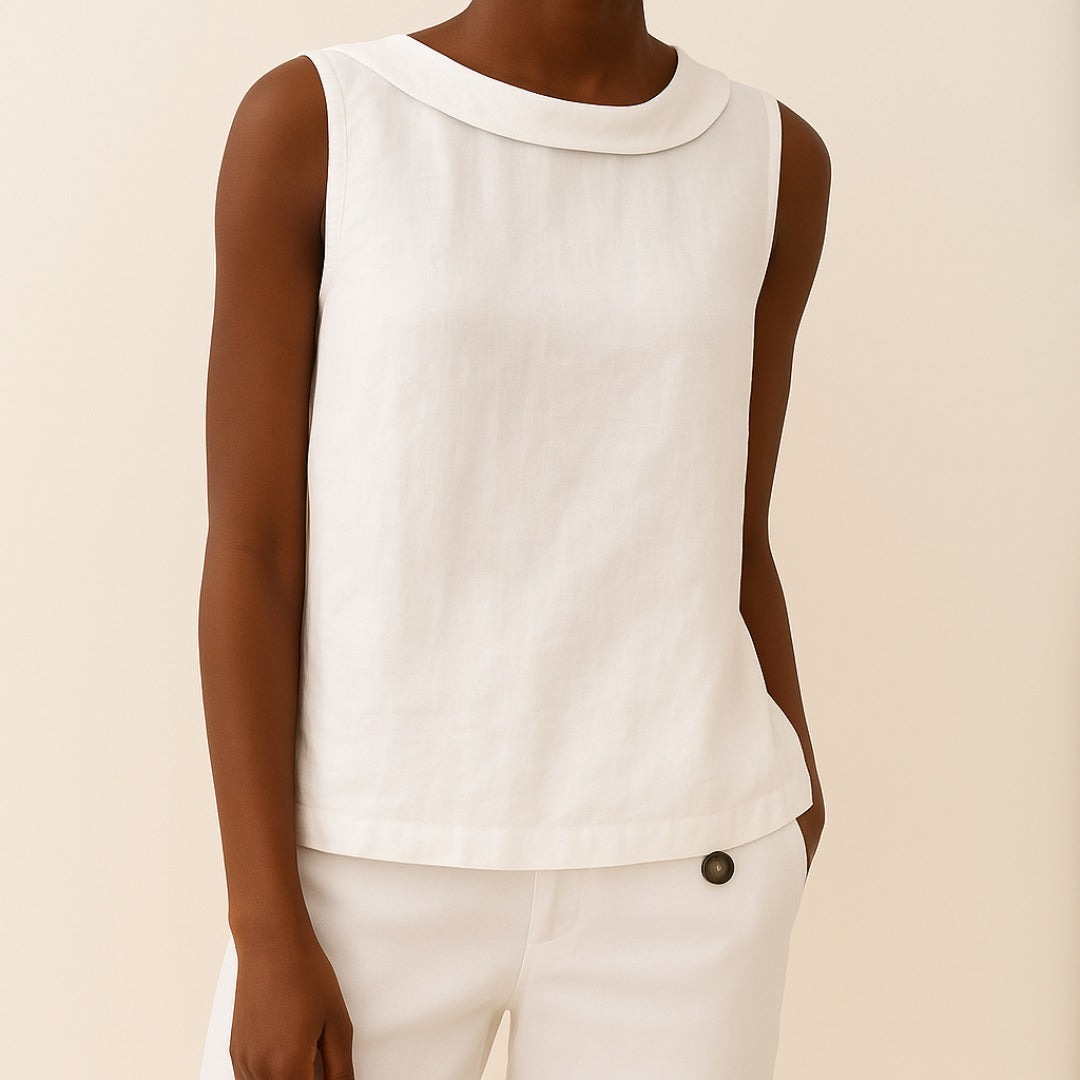 Women's Linen Sleeveless Top with Fold-Over Collar