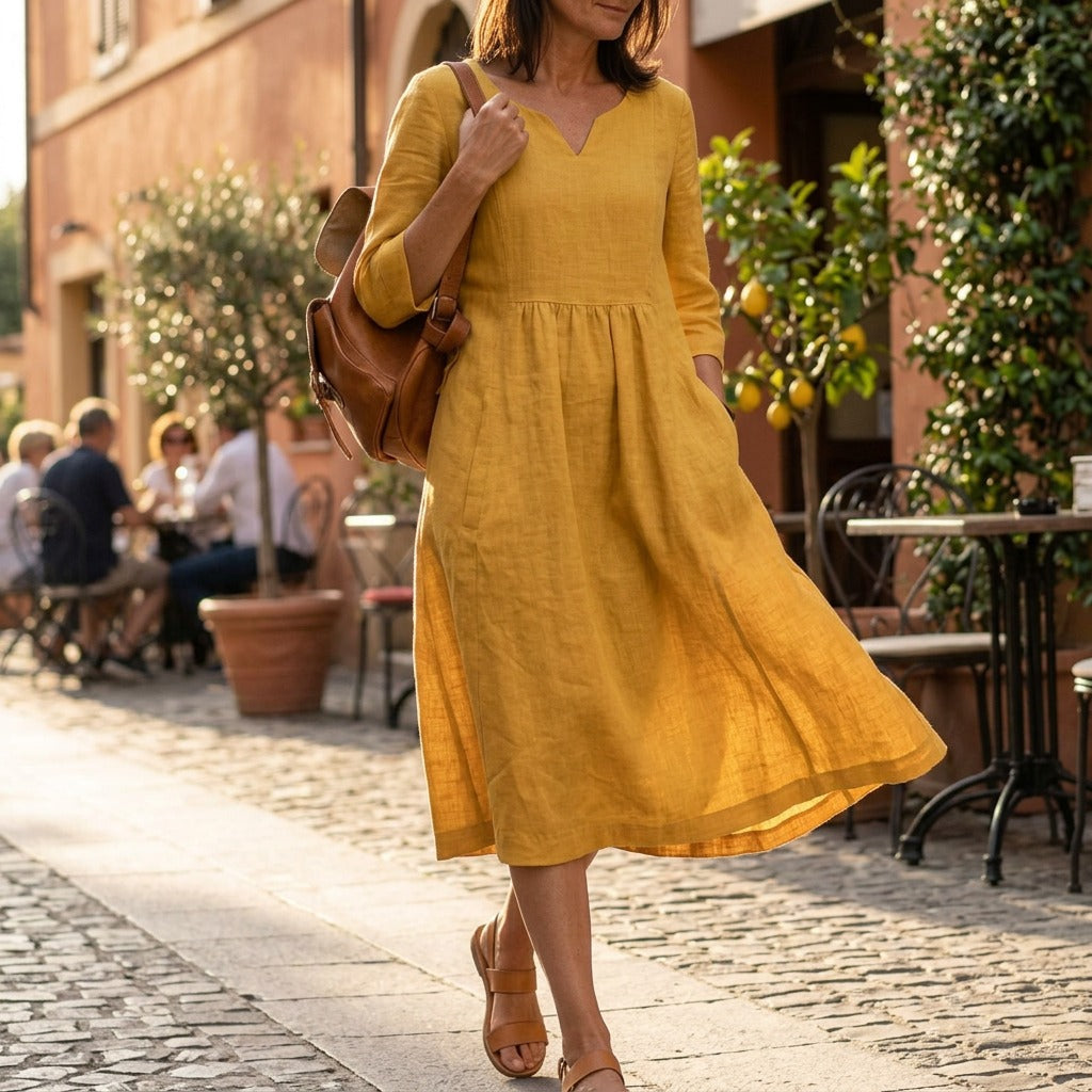 Women's Linen Summer Midi Dress with Pockets