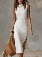 Women's Linen Summer Midi Dress with Side Slit