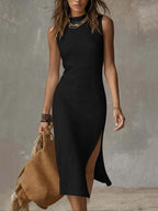 Women's Linen Summer Midi Dress with Side Slit