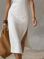 Women's Linen Summer Midi Dress with Side Slit