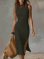 Women's Linen Summer Midi Dress with Side Slit