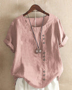 Women's Linen Tunic Blouse with Scoop Neckline and Short Sleeves