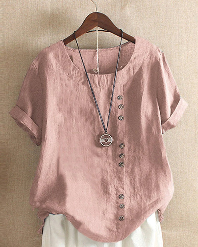 Women's Linen Tunic Blouse with Scoop Neckline and Short Sleeves