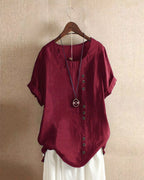 Women's Linen Tunic Blouse with Scoop Neckline and Short Sleeves