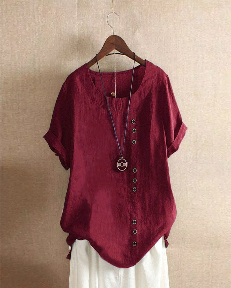 Women's Linen Tunic Blouse with Scoop Neckline and Short Sleeves