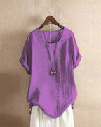 Women's Linen Tunic Blouse with Scoop Neckline and Short Sleeves