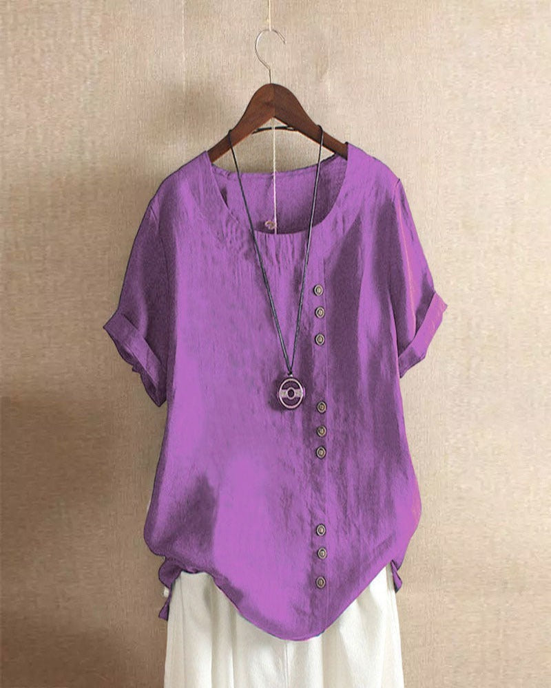 Women's Linen Tunic Blouse with Scoop Neckline and Short Sleeves