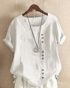 Women's Linen Tunic Blouse with Scoop Neckline and Short Sleeves