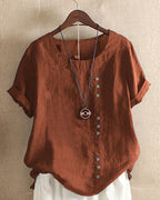Women's Linen Tunic Blouse with Scoop Neckline and Short Sleeves