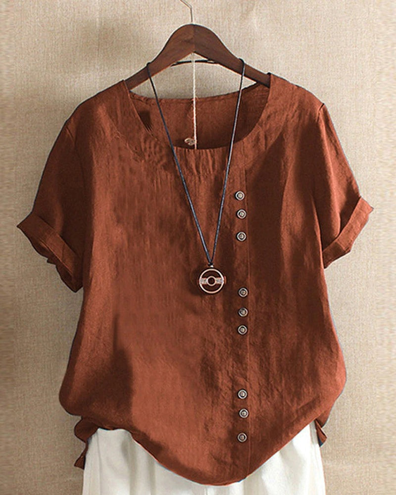 Women's Linen Tunic Blouse with Scoop Neckline and Short Sleeves