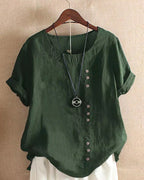 Women's Linen Tunic Blouse with Scoop Neckline and Short Sleeves