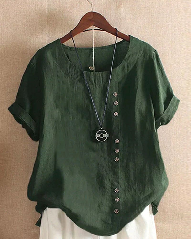 Women's Linen Tunic Blouse with Scoop Neckline and Short Sleeves