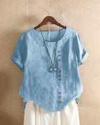 Women's Linen Tunic Blouse with Scoop Neckline and Short Sleeves