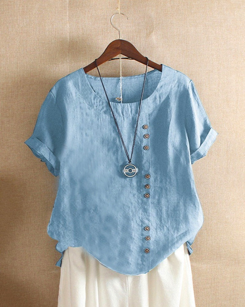 Women's Linen Tunic Blouse with Scoop Neckline and Short Sleeves