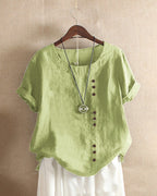 Women's Linen Tunic Blouse with Scoop Neckline and Short Sleeves