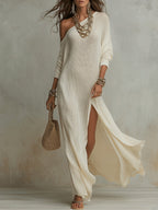 Women's Long Sleeve Maxi Dress with One-Shoulder Neckline