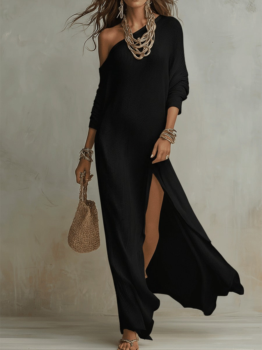 Women's Long Sleeve Maxi Dress with One-Shoulder Neckline