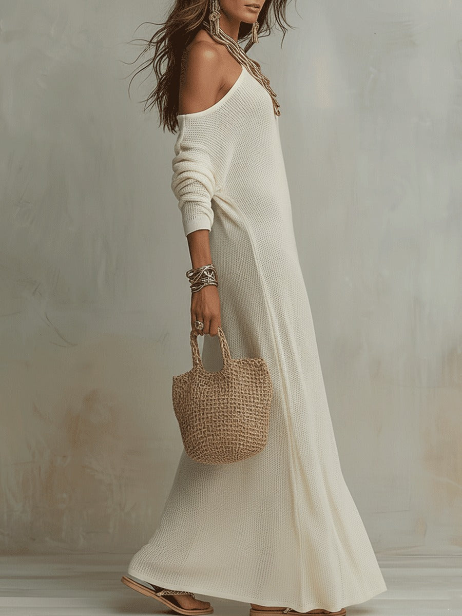 Women's Long Sleeve Maxi Dress with One-Shoulder Neckline