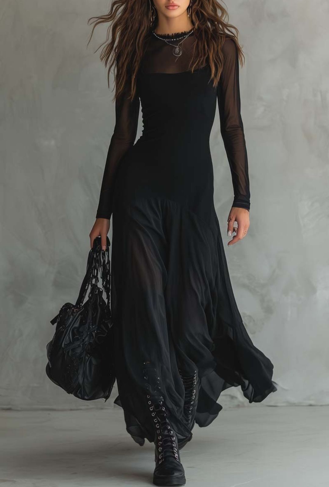 Women's Long Sleeve Maxi Dress with Sheer Panel