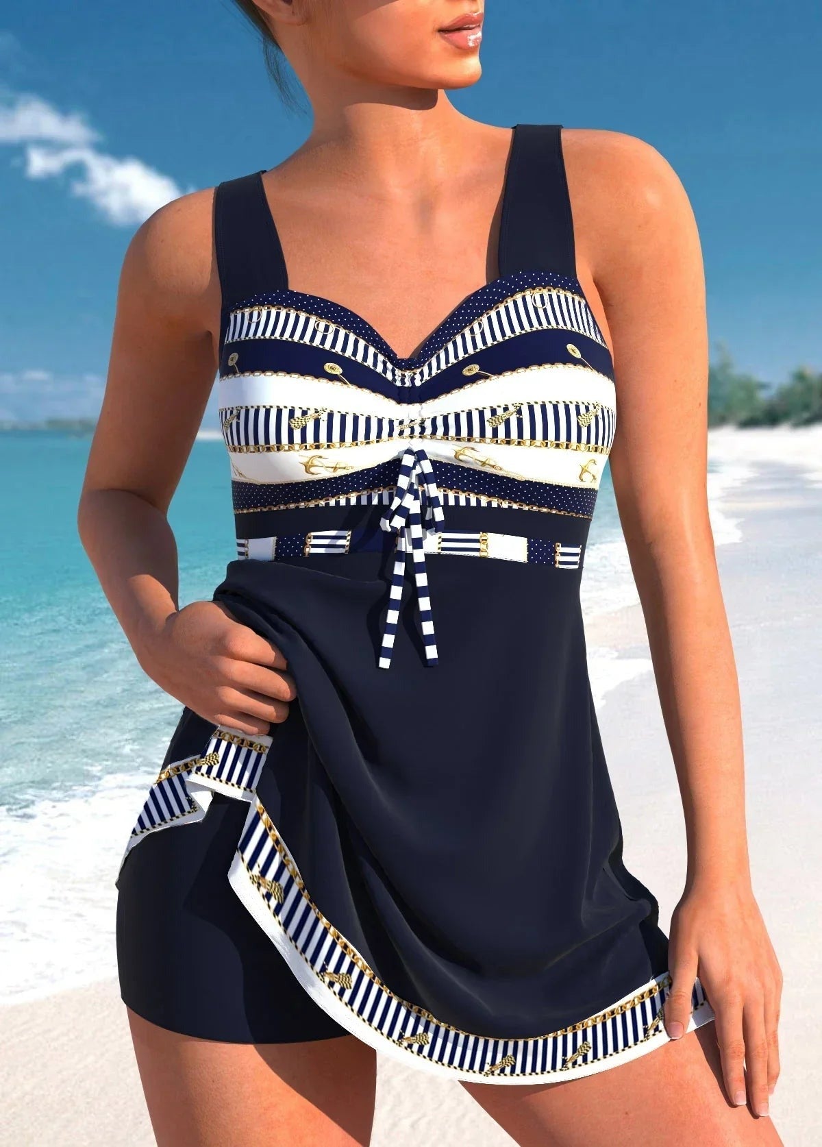 Women's Modest Tankini Swimwear with Skirt Overlay and Shorts
