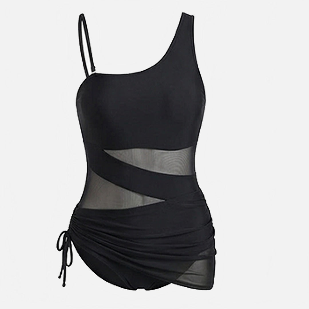 Women's One Piece Swimsuit with Open-Weave Panel and Drawstring Side