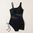 Women's One Piece Swimsuit with Open-Weave Panel and Drawstring Side