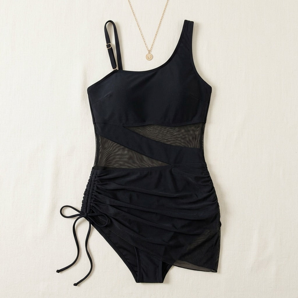 Women's One Piece Swimsuit with Open-Weave Panel and Drawstring Side