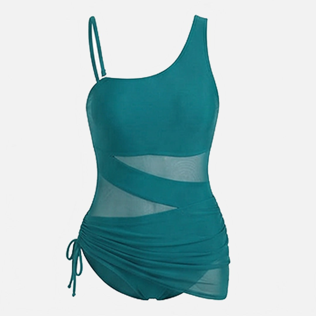 Women's One Piece Swimsuit with Open-Weave Panel and Drawstring Side