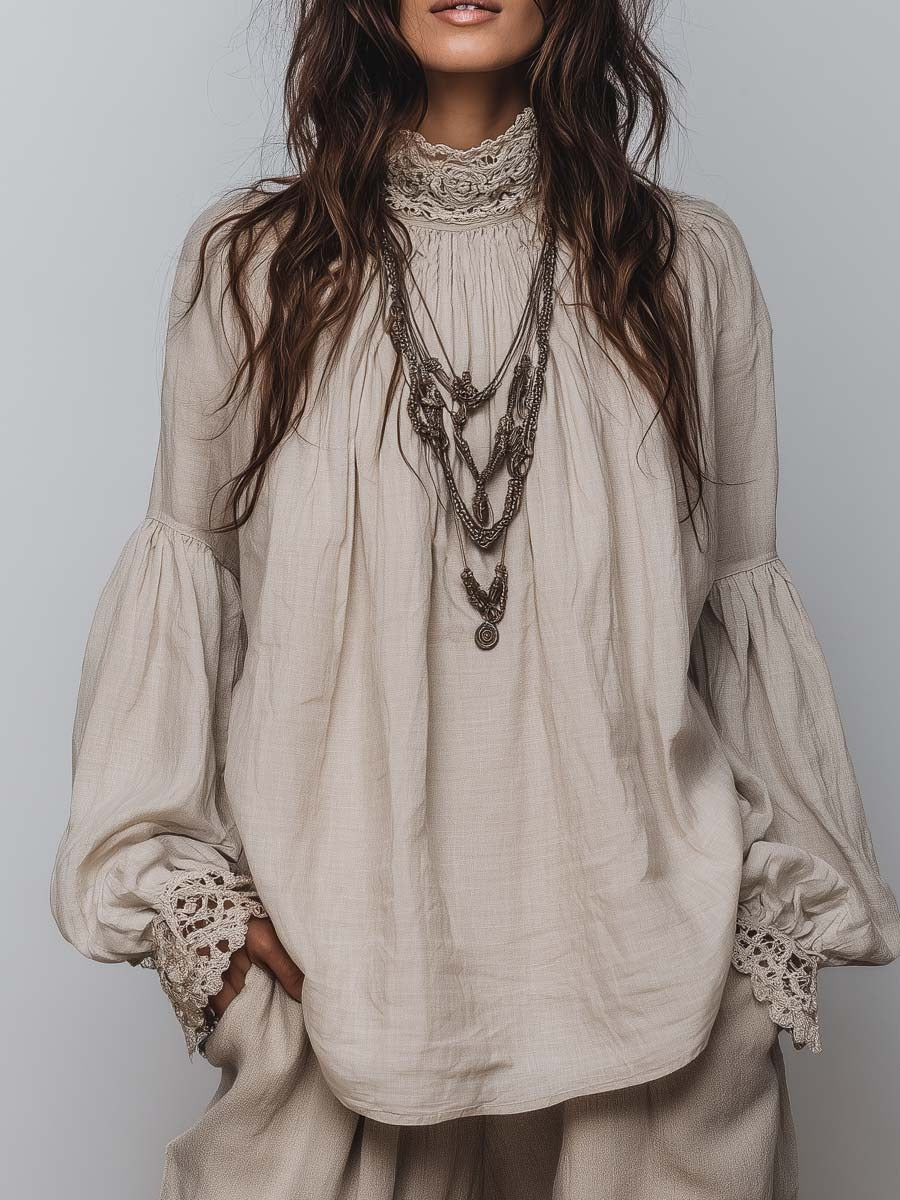 Women's Oversized Blouse with Puff Sleeves and Crochet Trim
