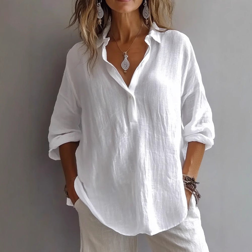 Women's Oversized Linen Shirt with Point Collar