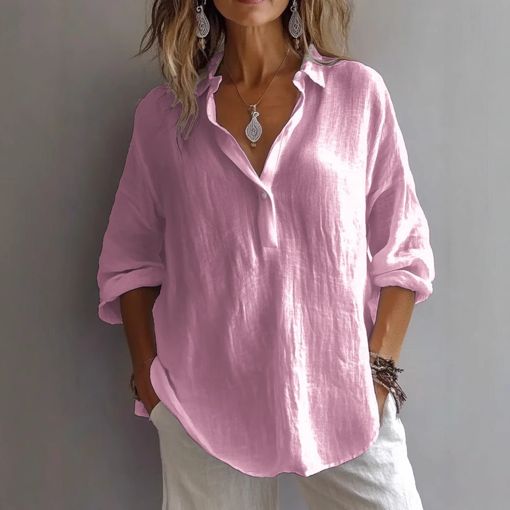 Women's Oversized Linen Shirt with Point Collar