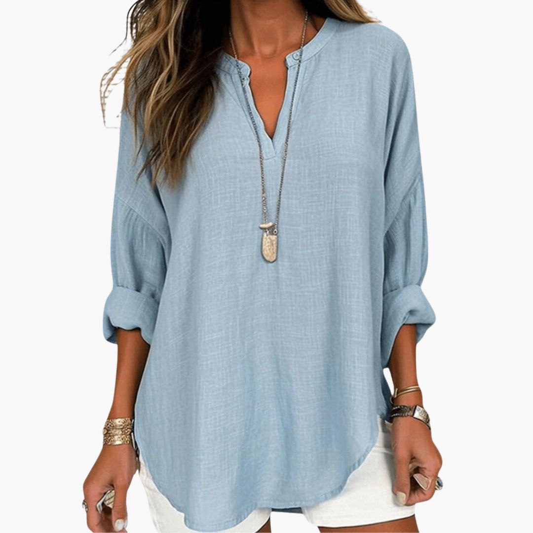 Women's Oversized Long Sleeve Blouse with V-Neck