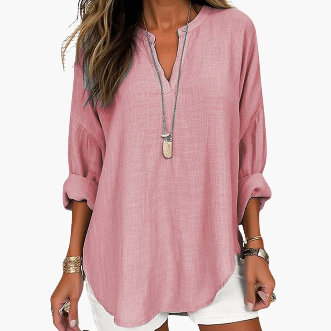Women's Oversized Long Sleeve Blouse with V-Neck