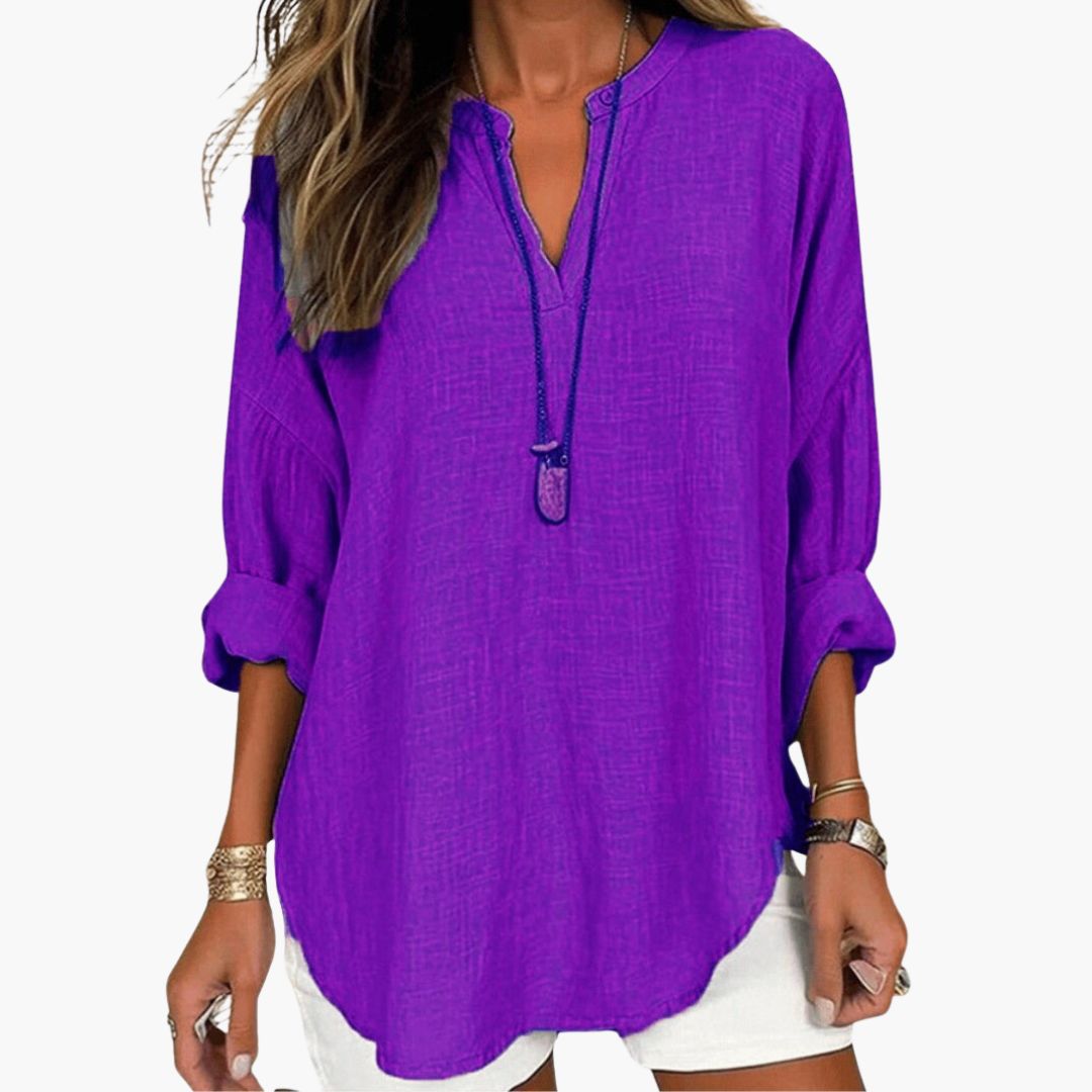 Women's Oversized Long Sleeve Blouse with V-Neck