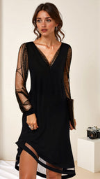 Women's Party Long Sleeve Mini Dress with V-Neck and Open Hem